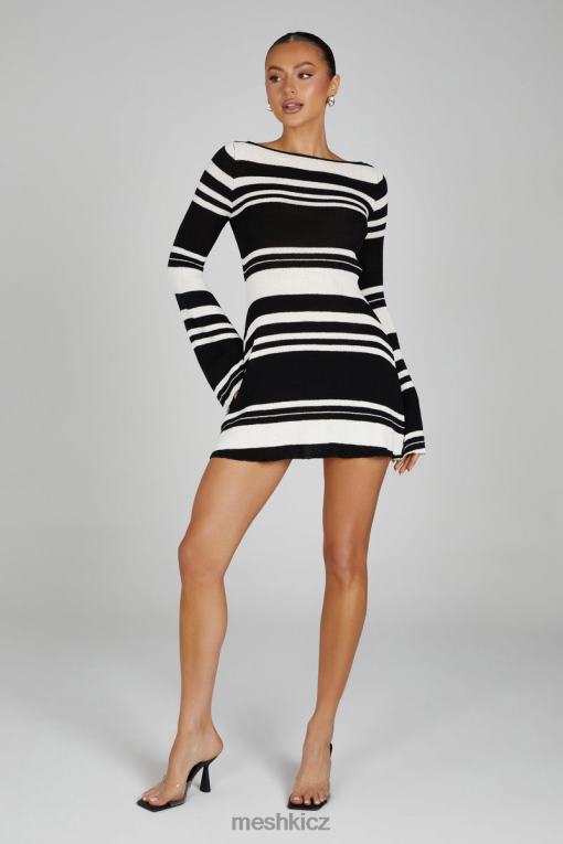 oblečení Meshki zahra mini úpletové šaty s dlouhým rukávem a otevřenými zády Černá bílá V0D0D110