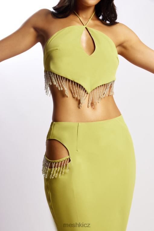 oblečení Meshki Jayleen trojúhelníkový top s třásněmi a klíčovou dírkou chartreuse V0D0D1135